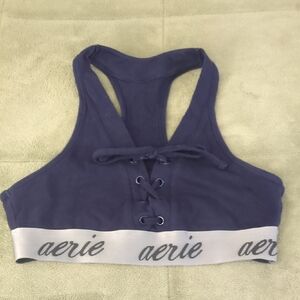 Aerie Navy Sports Bra with Lace-Up Front Size s